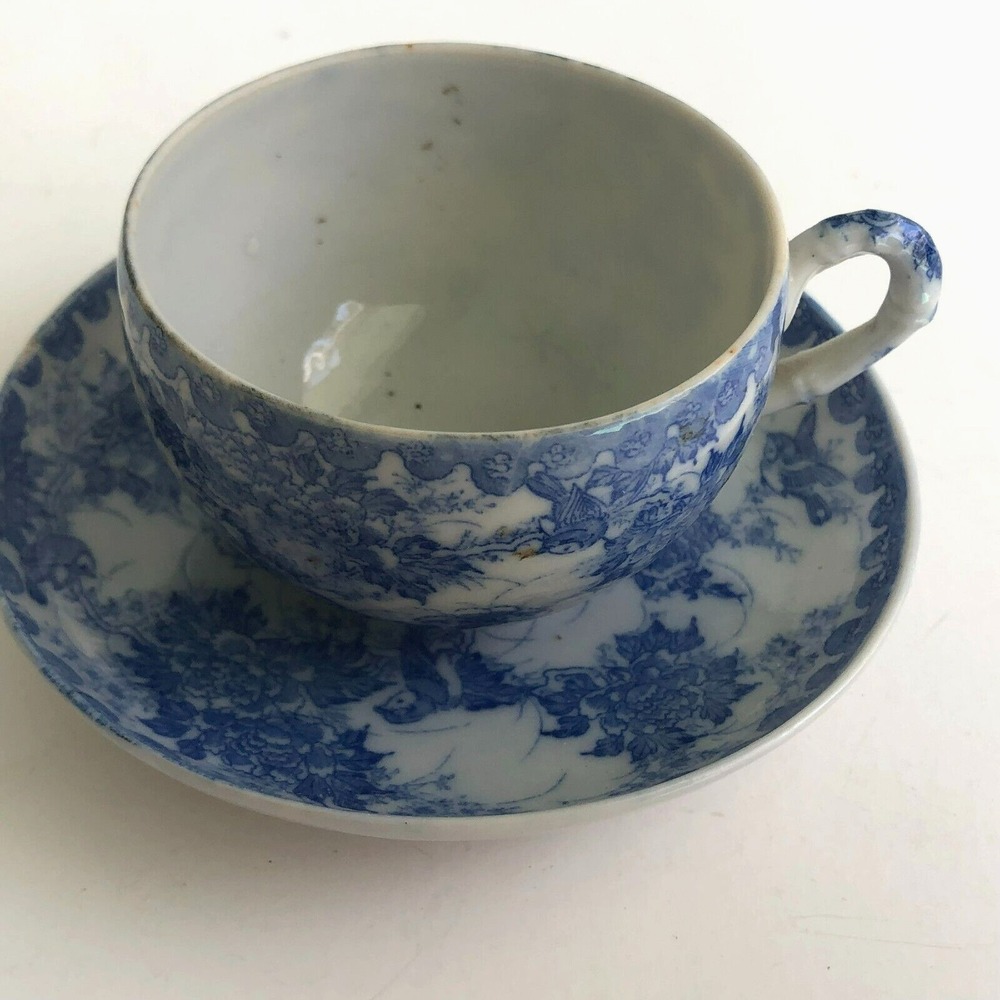 Vintage Japanese Demitasse Cup Saucer Blue White Bone China Antique Asian